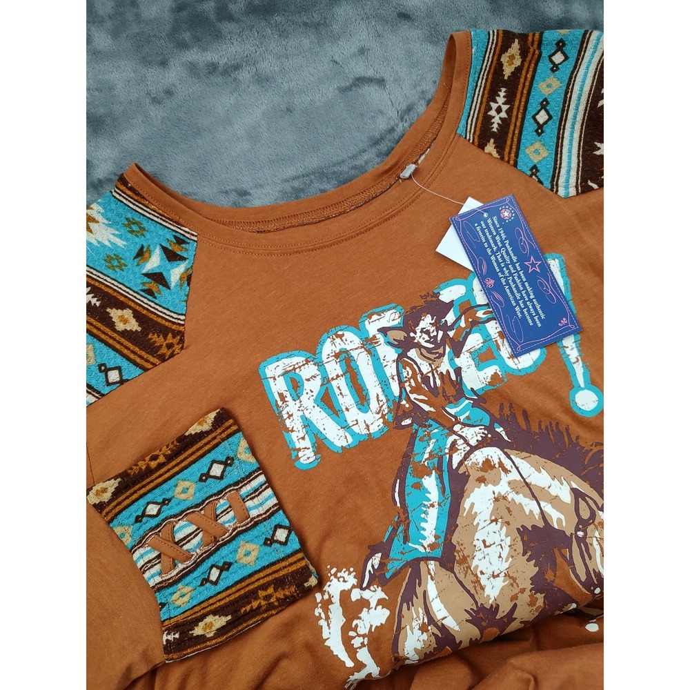 Panhandle‎ Womens 3X Rodeo Horse Graphic Long Sleeve Top Orange Southwestern